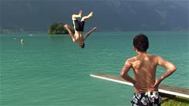 Ash demonstrates his trampolining skills transferred to the diving board at Iseltwald Camping and Lido